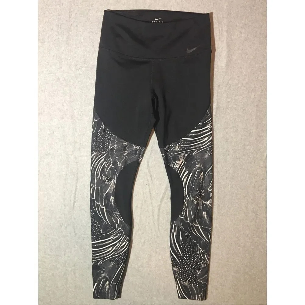 Womens Nike Leggings Size Medium Dri Fit Black White Leaves Detail Nike Swoosh